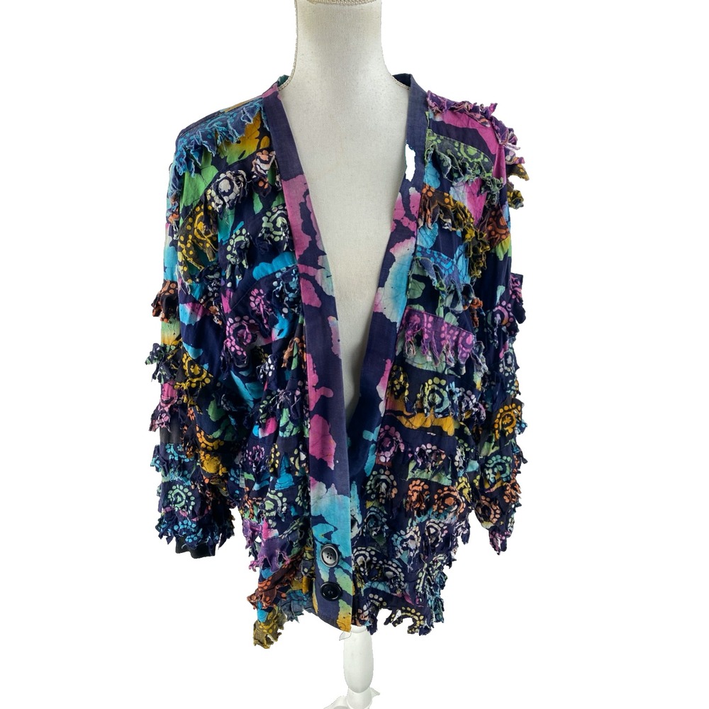 Paula Sweet Muslin Mink Art To Wear Vtg Fringe Cardigan Sweater Colorblock - Picture 4 of 14